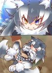  1girl angry animal_ears black_hair blue_eyes blush closed_eyes fangs fur_collar gloves grey_wolf_(kemono_friends) heterochromia instant_loss_2koma kemono_friends long_hair long_sleeves looking_at_viewer multicolored_hair nananana_nanana skirt solo tail tail_wagging two-tone_hair wavy_mouth wolf_ears wolf_tail yellow_eyes 