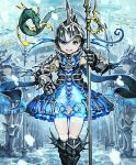  1girl :d armor armored_boots armored_dress army artist_request blonde_hair blue_eyes boots castle fish full_armor gauntlets hand_on_hip helmet holding holding_weapon lance official_art open_mouth otohimes_bodyguard polearm school_of_fish seahorse shadowverse smile underwater weapon 