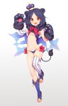  1girl animal_ears black_hair crown elbow_gloves full_body gloves kyuri_tizu looking_at_viewer navel orange_eyes original paw_gloves paws personification short_hair simple_background single_elbow_glove single_thighhigh solo tail thigh-highs 