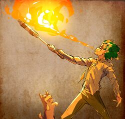  1boy bartholomew_oobleck breathing_fire dog fire glasses green_hair highres iesupa necktie pants rwby shirt tongue tongue_out welsh_corgi zwei_(rwby) 