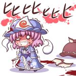  1girl blood blood_from_mouth blood_on_face blood_splatter blood_stain bloody_clothes blush chibi dual_wielding evil_grin evil_smile eyes fork grin grouse01 hat hitodama holding holding_fork holding_knife japanese_clothes knife mob_cap mystia_lorelei obi pink_hair saigyouji_yuyuko sash shaded_face short_hair smile solid_circle_eyes solid_oval_eyes teeth touhou trembling triangular_headpiece uneven_eyes 