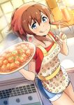  1girl ;q apron blue_eyes brown_hair food head_scarf highres idolmaster idolmaster_million_live! kitchen looking_at_viewer mapo_doufu one_eye_closed ponytail sagamiya_(sgmy777) satake_minako smile solo tongue tongue_out 