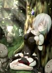  1girl bare_shoulders black_panties breasts butterfly collarbone day drone highres kagami_toufu light_rays medium_breasts nier_(series) nier_automata no_blindfold outdoors panties parted_lips pod_(nier_automata) robot_joints short_hair silver_hair sitting sleeping sunbeam sunlight tree under_tree underwear wariza yorha_type_a_no._2 