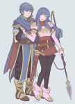  1boy 1girl armor blue_eyes blue_hair blush boots cape elbow_gloves fingerless_gloves fire_emblem fire_emblem:_mystery_of_the_emblem gloves highres long_hair marth pegasus_knight polearm sheeda short_hair smile thigh-highs tiara weapon 