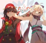  &gt;:t 2girls :t ;d ahoge armpits artist_name bangs bare_arms bare_shoulders belt belt_buckle black_bow black_coat black_hair blonde_hair bow brown_eyes buckle buttons cape demon_archer double-breasted face_punch fate/grand_order fate_(series) gloves green_ribbon hair_bow hand_on_another&#039;s_face hand_on_another&#039;s_head hat head_tilt in_the_face japanese_clothes kimono long_hair long_sleeves looking_at_viewer multiple_girls namie-kun obi one_eye_closed open_mouth outstretched_arm punching purple_bow purple_scarf pushing_away red_cape red_eyes red_hat ribbon sakura_saber sash scarf sleeveless sleeveless_kimono smile tareme two-tone_background v very_long_hair white_bow white_gloves 