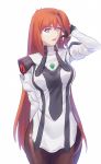  1girl blue_eyes breasts elhaym_van_houten fateline_alpha hand_in_hair highres large_breasts lips long_hair pantyhose parted_lips redhead solo white_background xenogears 