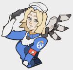  1girl alternate_costume alternate_hairstyle armband bangs beret black_gloves blonde_hair blue_bodysuit blue_eyes bodysuit breasts emblem gloves grin hat highres logo long_sleeves looking_at_viewer mechanical_wings medium_breasts mercy_(overwatch) overwatch parted_bangs patch salute short_hair simple_background smile solo splashbrush upper_body white_background white_hat wings 