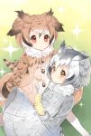  2girls :| arms_at_sides blonde_hair blush brown_coat brown_hair buttons clenched_hands closed_mouth coat collar dot_nose eurasian_eagle_owl_(kemono_friends) expressionless eyebrows_visible_through_hair eyelashes from_side fur_collar gloves grass grey_coat grey_hair head_wings highres holding holding_spoon kemono_friends light_brown_hair long_sleeves looking_at_viewer multicolored multicolored_clothes multicolored_coat multiple_girls nana_na northern_white-faced_owl_(kemono_friends) orange_eyes outdoors pantyhose pocket red_eyes shiny shiny_skin short_hair sitting sparkle spoon tail tareme white_coat white_gloves white_hair white_legwear wings yellow_eyes yellow_gloves 