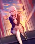  blonde_hair clouds cloudy_sky fate_(series) frown hands_on_knee jacket jewelry knee_to_chest long_hair looking_at_viewer necklace ponytail saber saber_alter shoes sitting sitting_on_stairs sky sneakers stairs thighs type-moon xue_fengzi yellow_eyes 