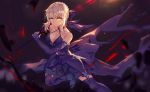  1girl baisi_shaonian blonde_hair braid breasts cleavage dark_excalibur dark_persona detached_sleeves dress fate/grand_order fate_(series) french_braid gothic_lolita highres lolita_fashion saber saber_alter solo sword thigh-highs weapon yellow_eyes 