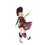  1girl artist_request belt black_feathers black_hat blonde_hair blue_eyes boots drum_major edinburgh_(zhan_jian_shao_nyu) feather_bonnet feathers gloves hat kilt kneehighs marching mecha_musume personification plaid red_feathers sam_browne_belt smile torpedo turret white_boots white_gloves zhan_jian_shao_nyu 