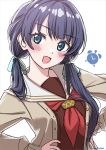  1girl absurdres blue_eyes blue_hair blush brown_dress cardigan dress grey_cardigan hands_on_own_hips highres link!_like!_love_live! long_hair long_sleeves looking_at_viewer love_live! murano_sayaka neckerchief open_cardigan open_clothes open_mouth red_neckerchief rinon42600 sailor_collar solo twintails twitter_username upper_body white_background white_sailor_collar 