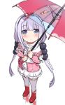  1girl beads blue_eyes blush eyebrows_visible_through_hair hair_beads hair_between_eyes hair_ornament highres holding holding_umbrella kanna_kamui kobayashi-san_chi_no_maidragon long_hair looking_at_viewer red_umbrella silver_hair solo superpig_(wlstjqdla) thigh-highs twitter_username umbrella white_legwear 