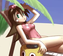  1girl breasts brown_hair earrings green_eyes hair_slicked_back jewelry kobun looking_at_viewer medium_breasts muramasa-sushi open_mouth rockman rockman_dash short_hair sitting swimsuit tron_bonne 