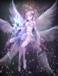  bare_shoulders breasts cleavage detached_sleeves emilia_(re:zero) flower hair_flower hair_ornament long_hair looking_at_viewer medium_breasts multiple_wings omoti_(1201208) re:zero_kara_hajimeru_isekai_seikatsu rose smile thigh-highs thighs violet_eyes white_hair white_legwear wide_sleeves wings 