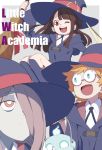  3girls ;d aqua_eyes bangs blonde_hair broom brown_hair copyright_name expressionless eyebrows_visible_through_hair freckles hair_over_one_eye hat holding holding_broom kagari_atsuko kneehighs little_witch_academia long_hair lotte_yanson multiple_girls one_eye_closed open_mouth red_eyes shiime short_hair skull smile sucy_manbavaran teeth witch witch_hat 
