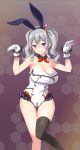  1girl adapted_costume alternate_eye_color animal_ears black_legwear blue_skirt blush breasts bunny_girl bunnysuit cleavage fake_animal_ears gloves highres kantai_collection kashima_(kantai_collection) large_breasts long_hair miniskirt rabbit_ears silver_hair single_thighhigh skirt smile solo sweat thigh-highs two_side_up violet_eyes white_gloves zaxwu 