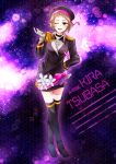  a-rise blush boots character_name choker earrings epaulettes gloves green_eyes hat highres honeycomb_(pattern) honeycomb_background jewelry kira_tsubasa legs_crossed love_live! love_live!_school_idol_project one_eye_closed short_hair skirt thigh-highs thigh_boots thighs uniform white_gloves 