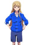  1girl aiba_asagi blue_shorts blue_sweater collarbone highres light_brown_hair long_hair looking_down red_eyes shirt shorts solo standing strike_the_blood sweater transparent_background very_long_hair white_shirt zipper 