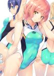  3girls adjusting_clothes adjusting_swimsuit arm_up armpits ass blonde_hair blue_eyes blue_hair blush bottle breasts brown_eyes competition_swimsuit covered_navel goggles goggles_around_neck highleg highleg_swimsuit highres looking_at_viewer multiple_girls nagayori one-piece_swimsuit original pink_hair ponytail short_hair simple_background swimsuit water_bottle white_background 