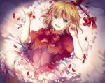  1girl blonde_hair bow capelet crying crying_with_eyes_open dress fleta_(pocket_mirror) green_eyes highres kirame_kirai looking_at_viewer official_art open_mouth petals pocket_mirror red_bow short_hair short_sleeves solo tears 