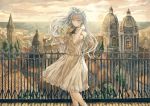  1girl ankle_boots architecture bangs bare_shoulders blush boots bouquet closed_mouth dress eyebrows_visible_through_hair floating_hair flower hand_up highres holding holding_bouquet horizon light_smile long_hair one_side_up original outdoors saijou_yukina scenery solo standing sundress sunset town very_long_hair wavy_hair white_boots white_dress white_flower yellow_eyes 