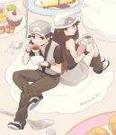  1boy 1girl 2016 absurdres alternate_color baseball_cap blue_(pokemon) brown_hair checkerboard_cookie cookie cup cupcake drinking eyelashes food hat highres legs_crossed long_hair looking_back macaron plate pokemon pokemon_(game) pokemon_frlg pumpkinpan red_(pokemon) red_(pokemon)_(remake) saucer skirt sleeveless sugar_cube teacup teapot teaspoon 