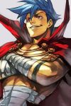  1boy arms_up bandage blue_hair cape hankuri kamina red_eyes sarashi shirtless smile smirk solo tattoo tengen_toppa_gurren_lagann upper_body 