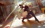  1girl ass black_gloves black_legwear blindfold breasts brown_legwear cleavage gloves hairband high_heels leotard medium_breasts mole mole_under_mouth nier_(series) nier_automata pod_(nier_automata) short_hair skindentation skirt thigh-highs thighs white_gloves white_hair yong_mei-uta yorha_no._2_type_b 