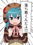  1girl 3: 3:&lt; ahoge aqua_hair bangs blush brown_eyes clenched_hands crossed_bangs d: dot_nose emphasis_lines eyebrows_visible_through_hair eyelashes hair_between_eyes hands_up hood hoodie hori horizontal_stripes jitome kemono_friends long_sleeves neck_ribbon open_mouth ribbon sanpaku sidelocks solo speech_bubble striped striped_clothes striped_hood striped_hoodie translation_request tsuchinoko_(kemono_friends) upper_body white_background 