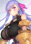  1girl bangs bare_shoulders blush breasts claws cleavage corset eyebrows_visible_through_hair fate/extra fate/extra_ccc fate_(series) hair_ribbon hakuishi_aoi huge_breasts long_hair looking_at_viewer parted_lips passion_lip pink_eyes purple_hair purple_ribbon ribbon solo upper_body violet_eyes 