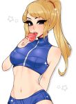  1girl bare_shoulders blonde_hair blue_eyes breasts candy food highres lollipop long_hair looking_at_viewer medium_breasts metroid mole mole_under_mouth navel ponytail samus_aran savannah_(yugino) shorts solo tank_top tongue tongue_out upper_body white_background 