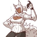  ... 1girl animal_ears blush breasts cleavage cleavage_cutout cyborg dantera_rina dark_skin highres hutago large_breasts mechanical_arms meme_attire open-chest_sweater original pants ponytail scar short_hair sidelocks solo sweater tail white_hair wolf_ears wolf_tail 