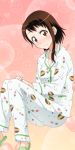  1girl blush breasts brown_eyes brown_hair cleavage hands_together invisible_chair looking_at_viewer nisekoi onodera_kosaki short_hair_with_long_locks sidelocks sitting small_breasts solo white_pajamas 