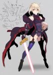  1girl bare_shoulders blonde_hair bodysuit coat elbow_gloves fate/grand_order fate_(series) gloves heroine_x heroine_x_(alter) mouth_hold saber solo sword tetsu_(fgo_gudapu) thigh-highs weapon yellow_eyes 