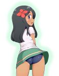  1girl :o a-ktoo ass black_hair blue_eyes blue_panties blush cowboy_shot dark_skin eyebrows_visible_through_hair eyelashes facing_away flower from_behind green_skirt hair_flower hair_ornament highres lass_(pokemon) long_hair looking_at_viewer looking_back miniskirt npc npc_trainer open_mouth pokemon pokemon_(game) pokemon_sm shiny shiny_skin shirt short_sleeves simple_background skirt solo standing swimsuit_under_clothes tareme tongue underwear white_background white_shirt 