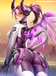  1girl alternate_costume ass badcompzero blush bodysuit breasts horns lipstick long_hair looking_at_viewer looking_back makeup mechanical_wings medium_breasts mercy_(overwatch) overwatch pink_eyes pink_hair solo tail tight wings 