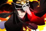  1672 1boy adjusting_clothes adjusting_hat fate/grand_order fate_(series) fire flaming_hair gloves hair_between_eyes hat hat_over_one_eye long_hair looking_at_viewer male_focus military military_uniform oda_nobuyuki_(fate/grand_order) parted_lips ponytail red_eyes shako_cap sidelocks smile solo twitter_username uniform upper_body white_gloves 