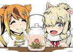  2017 2girls :d ^_^ alpaca_ears alpaca_suri animal_ears bangs beige_vest blonde_hair blue_eyes blush circlet clenched_hands closed_eyes collar dated eyebrows eyebrows_visible_through_hair eyelashes facing_another flower fur_collar golden_snub-nosed_monkey_(kemono_friends) gradient_hair hair_bun hair_ornament hair_over_one_eye hair_ribbon hands_up happa_(cloverppd) high_ponytail horizontal_pupils kemono_friends lips long_hair long_sleeves monkey_ears multicolored_hair multiple_girls neck_ribbon open_mouth orange_hair pink_ribbon ponytail ribbon shiny shiny_hair shiny_skin shirt short_hair sidelocks signature simple_background sleeveless smile swept_bangs table tareme teapot tress_ribbon upper_body vest white_background white_shirt wooden_table 