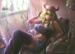  1girl bangs bare_shoulders baseball_cap black_legwear black_shirt blonde_hair blue_shorts breasts character_doll cleavage collarbone couch cowboy_shot curtains day deviantart_username doll dragon_girl dragon_horns erect_nipples eyebrows_visible_through_hair flower flower_pot gradient_eyes gradient_hair green_eyes green_hair groin hair_between_eyes hand_up hat horns indoors knees_up kobayashi-san_chi_no_maidragon kukuro-kun large_breasts leaf legs_together lips long_hair looking_at_viewer magatsuchi_shouta multicolored multicolored_eyes multicolored_hair navel nose parted_lips pink_hat pink_lips plant quetzalcoatl_(maidragon) red_flower rose shirt short_shorts shorts sidelocks sitting sleeveless sleeveless_shirt smile solo stomach stuffed_toy tank_top thigh-highs watermark wavy_hair web_address window yellow_pupils 