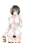  1girl absurdres alternate_costume black_hair black_legwear black_panties blonde_hair blush breasts cleavage cleavage_cutout closed_mouth eyebrows_visible_through_hair green_eyes headphones highres holding kaito_hikaruto kyomachi_seika large_breasts long_sleeves looking_at_viewer panties short_hair simple_background smile solo standing thigh-highs underwear voiceroid white_background 