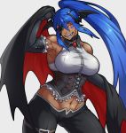  1girl belt black_cape blue_hair breasts brooch cape corset eyebrows_visible_through_hair eyepatch fake_wings fangs foxbat_(hutago) gloves glowing glowing_eyes grin hairband halloween_costume holding_cape hutago jewelry large_breasts long_hair midriff multicolored multicolored_cape multicolored_clothes navel open_mouth original pants ponytail red_cape red_eyes sidelocks smile solo teeth tongue vampire wings 