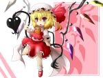  1girl ascot blonde_hair chibi commentary_request dress fang flandre_scarlet floating gomasamune hat highres laevatein looking_at_viewer mob_cap red_eyes red_shoes shadow shiny shiny_skin shoes short_sleeves smile socks solo touhou white_background wings 