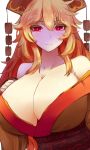  1girl alternate_costume bangs bare_shoulders breasts cleavage closed_mouth collarbone hat highres huge_breasts japanese_clothes junko_(touhou) kimono long_hair looking_at_viewer obi off_shoulder orange_eyes red_eyes sash smile solo touhou uchisukui upper_body wavy_hair 