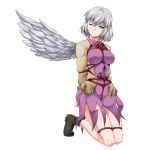  1girl arms_behind_back bdsm black_shoes bound bound_arms bound_legs bow bowtie breasts brooch dress feathered_wings full_body grey_hair jacket jewelry kishin_sagume kneeling large_breasts long_sleeves looking_at_viewer one_eye_closed ootsuki_wataru purple_dress red_bow red_bowtie red_eyes shibari shibari_over_clothes shoes short_hair single_wing solo touhou transparent_background wings 
