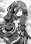  1girl :d black_dress black_hair bow cat closed_eyes date_a_live dress dutch_angle eyebrows_visible_through_hair gothic_lolita hair_bow hair_over_one_eye highres lolita_fashion long_hair monochrome novel_illustration official_art open_mouth sitting smile solo striped striped_bow tokisaki_kurumi tsunako twintails 