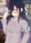  1girl alternate_costume black_hair blurry buttons collared_shirt depth_of_field glasses grey_shirt hair_over_one_eye hayashimo_(kantai_collection) highres kantai_collection long_hair long_sleeves red-framed_eyewear red_eyes ru2n131 shirt solo very_long_hair 