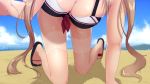  1girl all_fours beach breasts cleavage clouds kantai_collection light_brown_hair long_hair medium_breasts murasame_(kantai_collection) ohiya pleated_skirt shiny shiny_hair shiny_skin skirt sky solo tan tanline thighs twintails very_long_hair water 