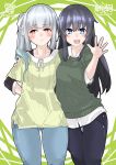  2girls :&lt; absurdres alternate_costume arms_behind_back artist_name asashio_(kantai_collection) black_hair blue_eyes blush brown_eyes casual collarbone collared_shirt commentary contemporary grey_hair hair_between_eyes hair_over_shoulder hair_ribbon hand_on_another&#039;s_shoulder highres kantai_collection kasumi_(kantai_collection) kirishina_(raindrop-050928) long_hair long_sleeves looking_at_viewer looking_away multiple_girls open_mouth pants ribbon round_teeth shirt side_ponytail silver_hair simple_background sleeves_rolled_up smile sweater teeth white_ribbon white_shirt 