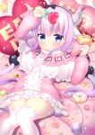  1girl absurdres bangs beads blue_eyes blunt_bangs blush bow capelet cookie cream cream_on_face crepe doughnut dragon_girl dragon_horns dragon_tail dress food food_on_face hair_beads hair_bow hair_ornament hairband highres hio_(hiohio0306) holding holding_food horns kanna_kamui kobayashi-san_chi_no_maidragon long_hair long_sleeves looking_at_viewer lying on_back shiny shiny_skin short_dress silver_hair solo sweets tail thigh-highs twintails white_legwear zettai_ryouiki 